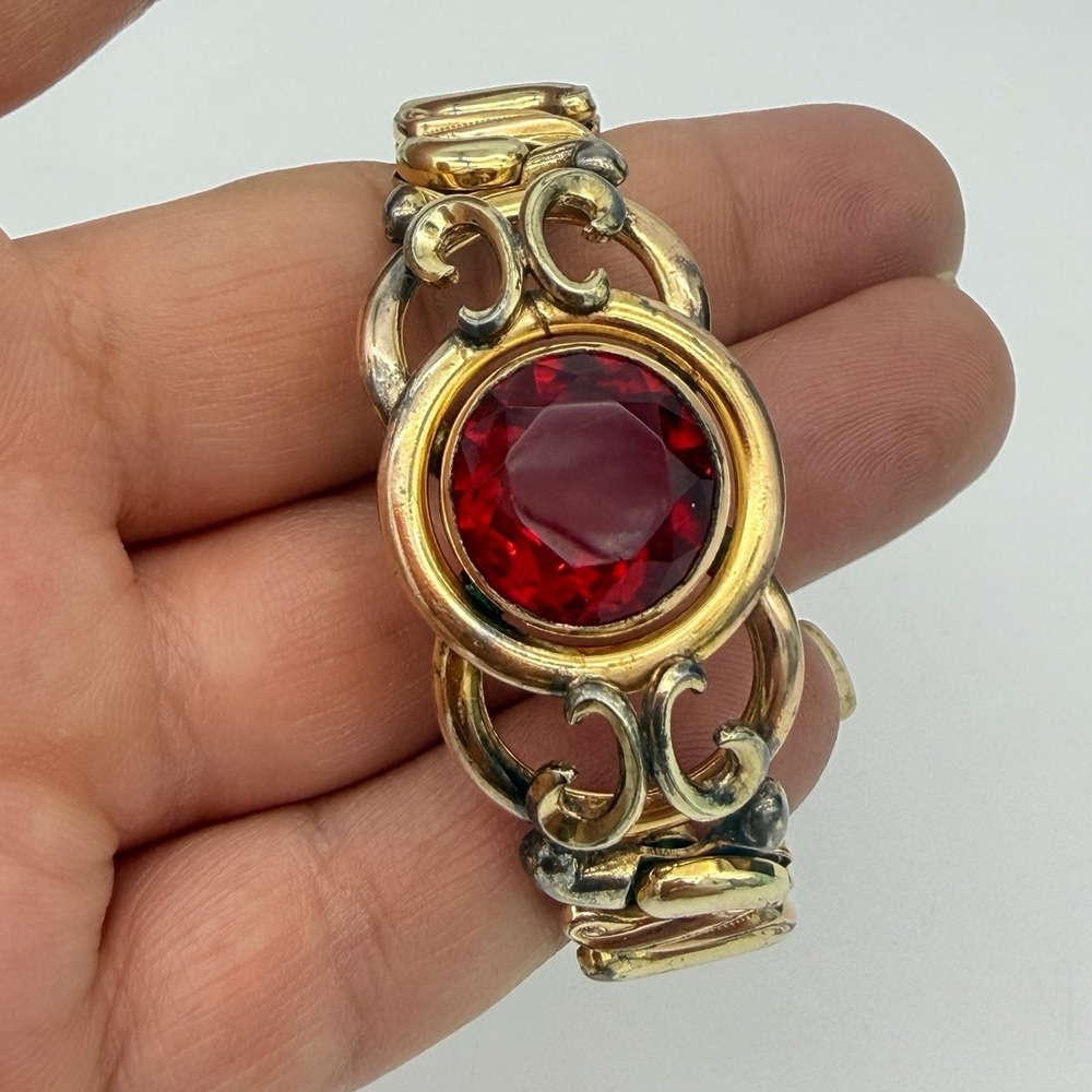 Vtg WWII Sweetheart Expansion Bracelet Phoenix Speidel Red Stone Read